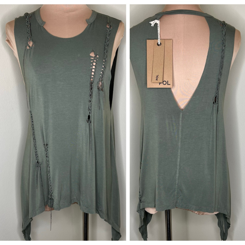 POL Top Small Distressed Chain Jersey Knit Handkerchief Hem Grunge Festival Boho